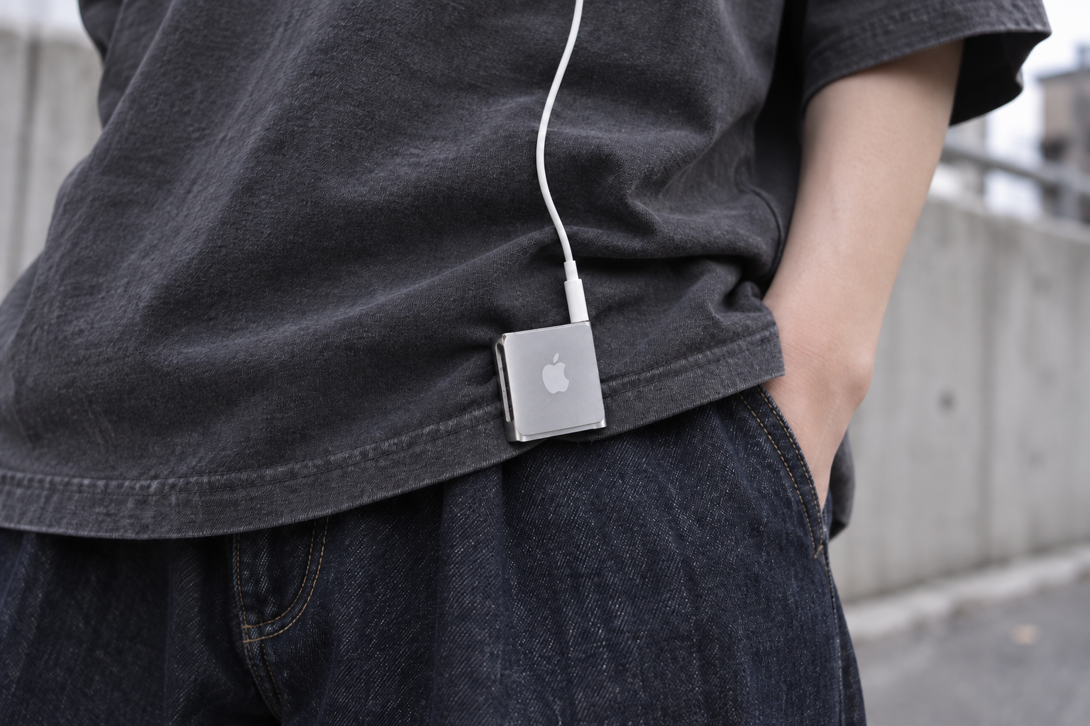 Tシャツの裾にiPod shuffleを付けたスタイリング